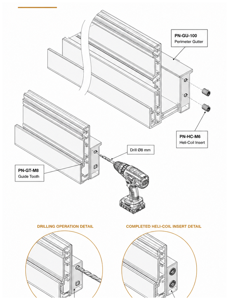 Thread the corner helicoils into both gutters — illustration