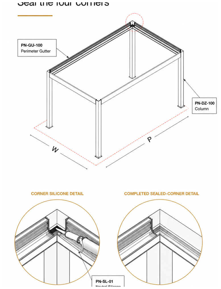 Apply silicone bead at the four upper corners — illustration