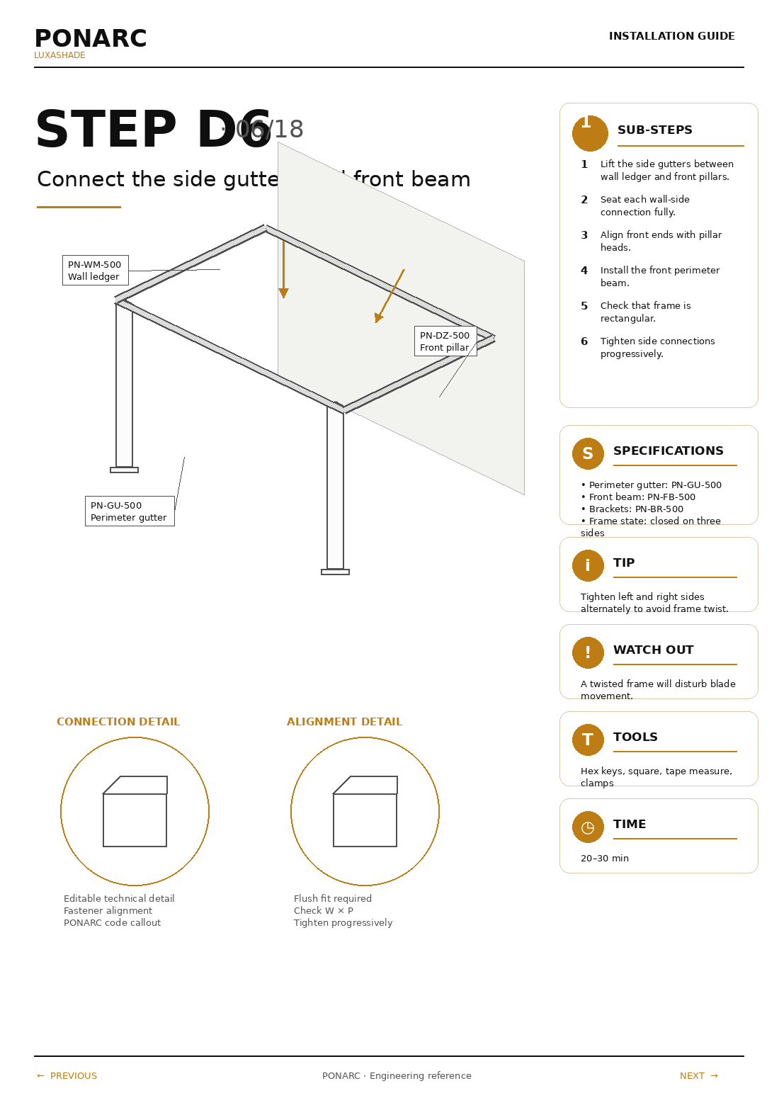 Install side gutters (front to wall) — illustration